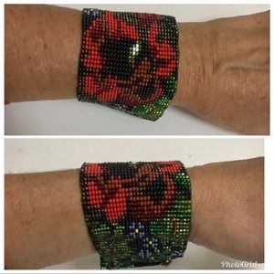 Stunning Red Floral Beaded Bracelet Cuff with Magnet Closure